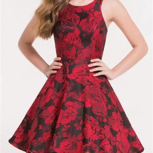 Red and Black Short Floral Brocade Size 8 Dress